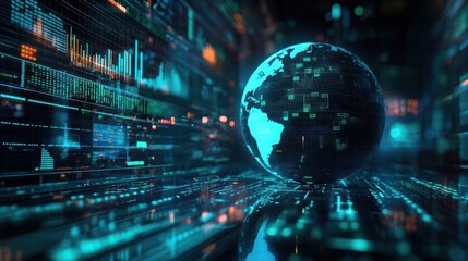 A digital representation of the globe surrounded by data streams and analytics, symbolizing global connectivity, technology, and big data.