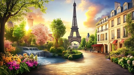 Obraz premium Beautiful view of the Eiffel Tower with access to the garden with old houses flowers and waterfalls Digital collage mural and mural Wallpaper Poster design Modular panel : Generative AI