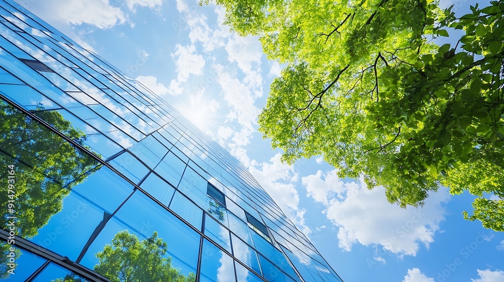 Poster sustainable glass office building with trees for reducing carbon dioxide ecofriendly building in mod