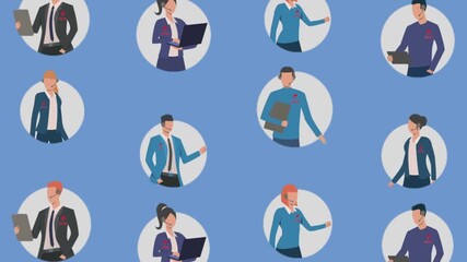 Diverse animation of different professions of people in a circular frame on a blue background, representing community and diversity - Powered by Adobe