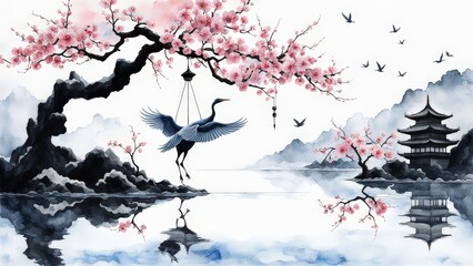 Serene Cherry Blossom Tree, Glowing Moon, and Birds Over Water in a Tranquil, Dreamlike Scene