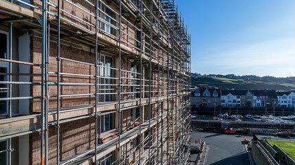 Apartment building under renovation with scaffolding situated in the SA1 development area in Swansea marina : Generative AI