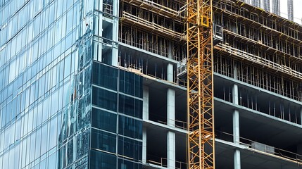 Glass facade of a tall modern office building another crane under construction next to it : Generative AI