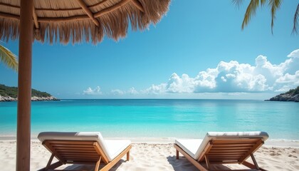 Beach Lounge Chairs Under Palm Tree Umbrella.