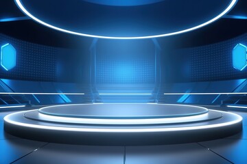 Futuristic blue platform with glowing edges.