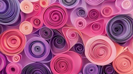 Fototapeta premium Quilling paper art background Abstract pattern of curls and rolls of cut colored paper Filigree paper hobby Floral pattern in pink and purple tones : Generative AI