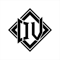 OV Letter logo with abstract shield shape with square black outline on white background design