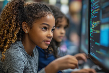 A female mentor guiding a young girl through a coding project in a tech workshop.