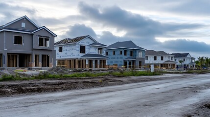Row of singlefamily twostory houses under construction in a suburban residential development during a building boom on a drizzly winter morning in southwest Florida : Generative AI