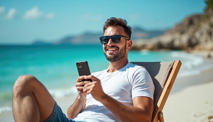 Happy Man Relaxing on Beach with Smartphone.