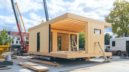 Production of new wooden modular houses Construction site : Generative AI