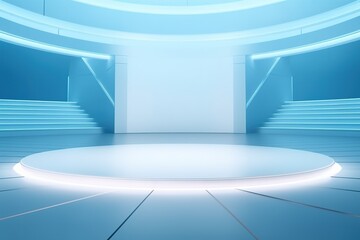 Obraz premium Futuristic blue platform with glowing lights.