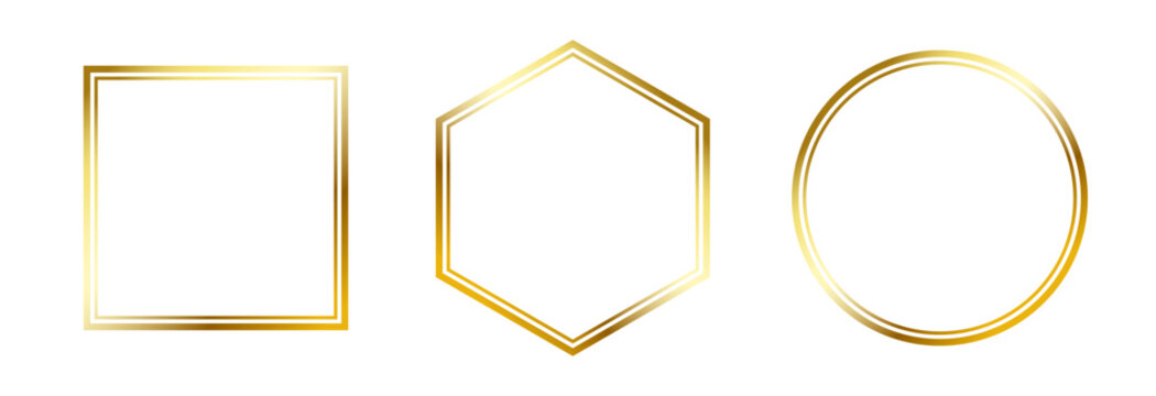 Thin golden frame set. Gold geometric border collection in art deco style. Thin linear shining shape bundle. Metallic glowing shiny boarder element pack for photo, cadre, poster, card. Vector