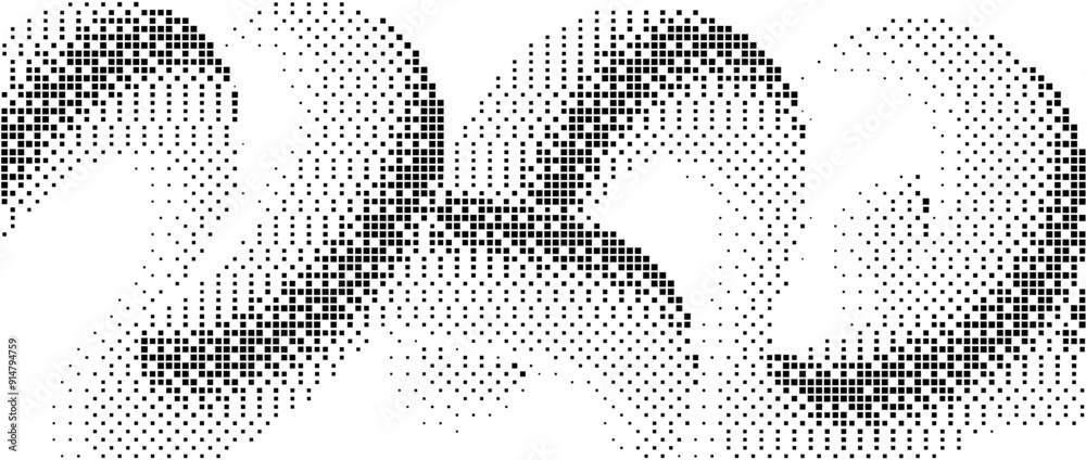 Poster pixelated gradient undulate shape. black dither texture background. dotted fluid curvy form for bann