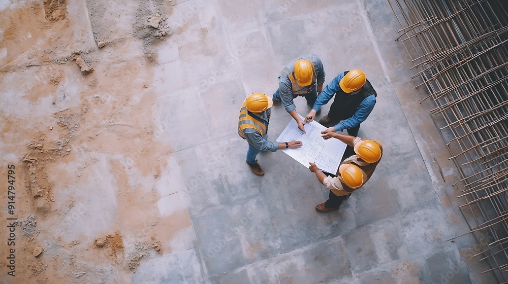 Fototapete top down aerial view of architect engineer team shake hands and discussing about building constructi