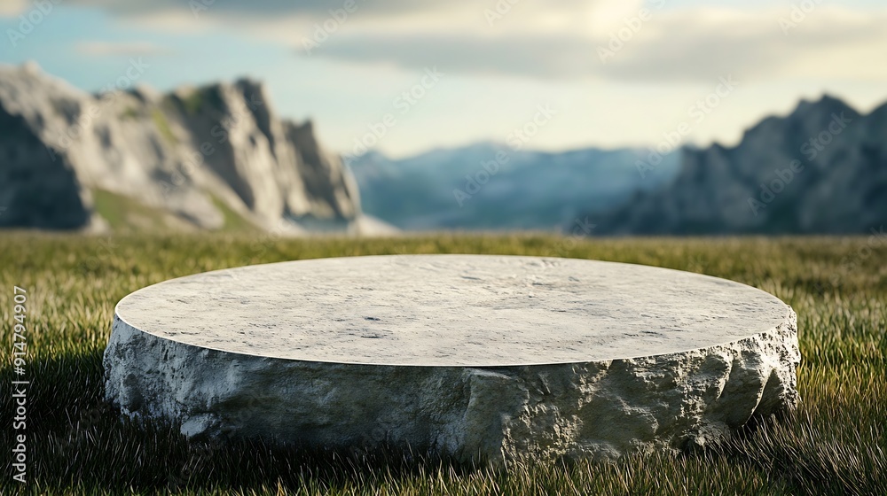 Poster Abstract 3d render platform and mockup natural background Stone podium on the grass field backdrop meadow mountain for product stand display advertising or etc : Generative AI