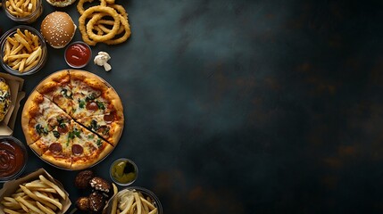 Naklejka premium Large table of assorted take out food such as pizza french fries onion rings burgers and snacks on a dark background Top view Copy space : Generative AI