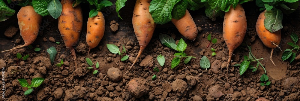 Canvas Prints Sweet potato tubers and green leaves scattered on the earth