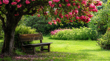 Fototapeta premium A charming garden bench under a flowering tree, perfect for relaxing and enjoying nature 