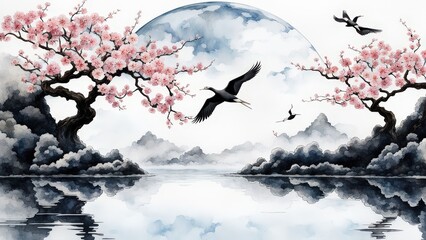 Serene Cherry Blossom Tree, Glowing Moon, and Birds Over Water in a Tranquil, Dreamlike Scene