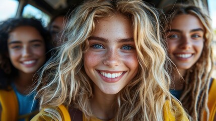 Vertical Selfie Of Cheerful Students Traveling Together