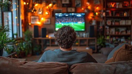 Naklejka premium Watching A Soccer Championship At Home, Filled With Excitement