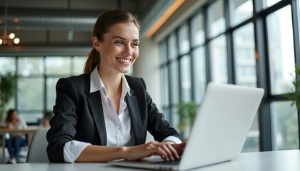 Happy businesswoman working on laptop in office.