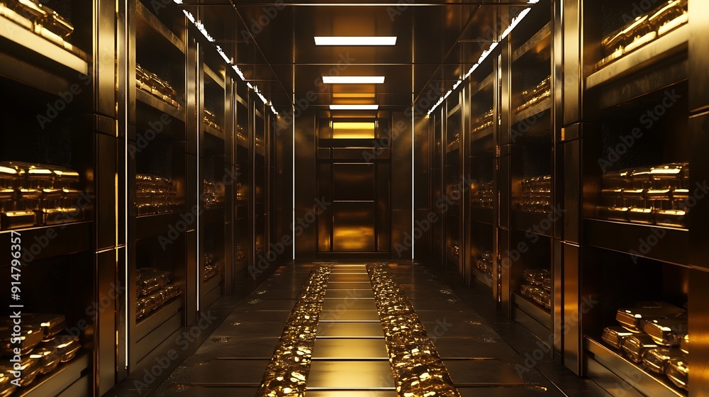Poster Gold in vault or gold in room with gold bars stock of gold image background high quality and high resolution rendered image : Generative AI