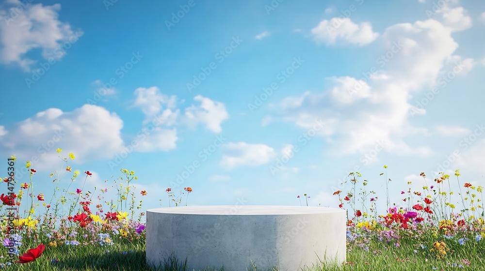Poster abstact 3d render spring scene and natural background stone podium on the colorful flowers and grass