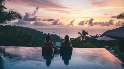Men working at a laptop a digital nomad working at a swimming pool during a vacation on a tropical island man and woman in the infinity pool during sunset luxury vacation in a luxury p : Generative AI