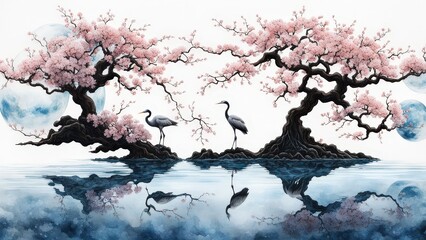 Serene Cherry Blossom Tree, Glowing Moon, and Birds Over Water in a Tranquil, Dreamlike Scene