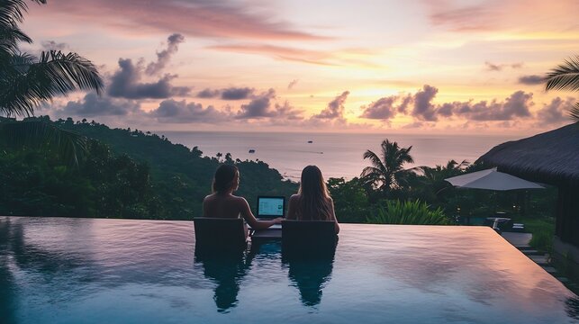Men working at a laptop a digital nomad working at a swimming pool during a vacation on a tropical island man and woman in the infinity pool during sunset luxury vacation in a luxury p : Generative AI