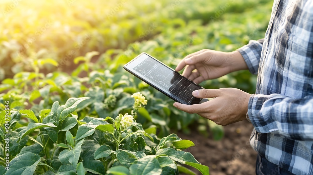 Aufkleber farmer or agronomist uses digital tablet to analyse and check the growth and disease of the blooming