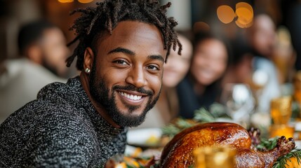 Naklejka premium Young Man Serving Thanksgiving Turkey To Friends At The Dining Table