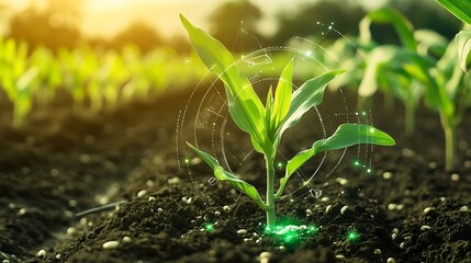 Maize seedling in cultivated agricultural field with graphic concepts modern agricultural technology digital farm smart farming innovation : Generative AI