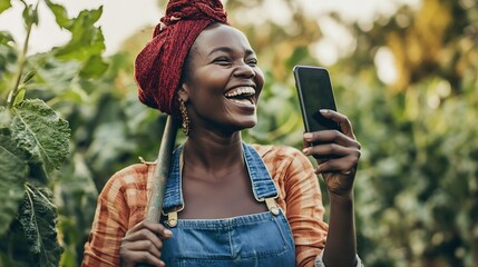 image of excited african lady holding smart phone in a garden farm tool on her shoulder local farmer enjoying social media surf : Generative AI