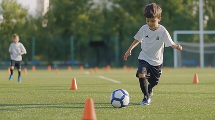 Training football session for children on soccer camp Boy in childrens soccer team on training Kids practicing outdoor with a soccer balls Young boy improving dribbling skills Training : Generative AI