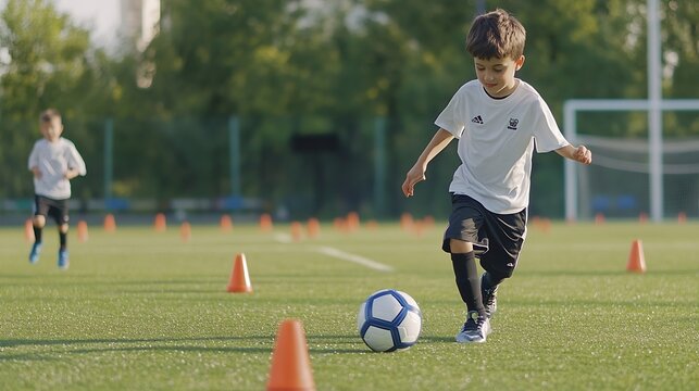 Training football session for children on soccer camp Boy in childrens soccer team on training Kids practicing outdoor with a soccer balls Young boy improving dribbling skills Training : Generative AI