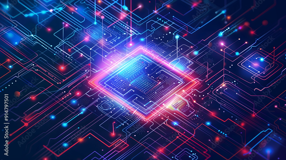 Wall mural abstract digital technology background. isometric ai chip with ai hologram with circuit tech bg. con