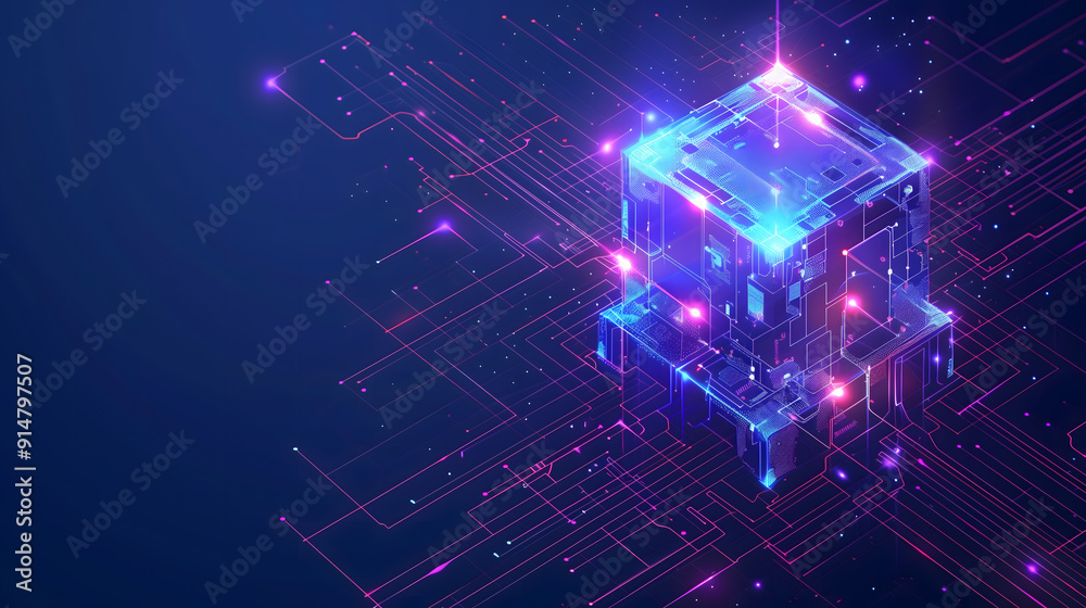 Wall mural abstract digital technology background. isometric ai chip with ai hologram with circuit tech bg. con