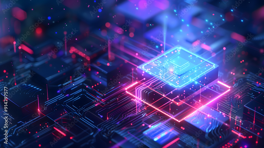 Wall mural abstract digital technology background. isometric ai chip with ai hologram with circuit tech bg. con