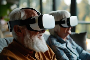 Senior couple wearing VR headsets, exploring virtual reality.