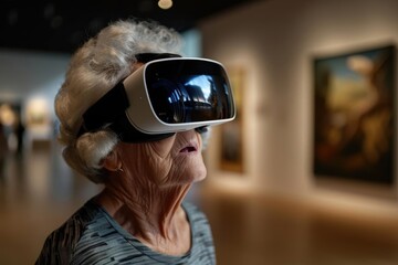 Senior woman exploring art with VR headset in museum.