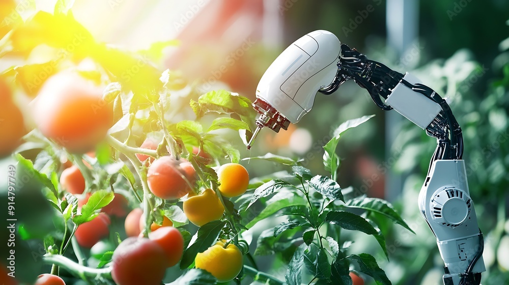 Fototapete ai farmer use smartphone and robotics assistant pollinate of fruits and vegetables detection spray c