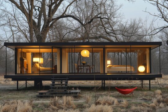 Rustic wooden house with a modern interior perfectly merging traditional charm with contemporary elegance