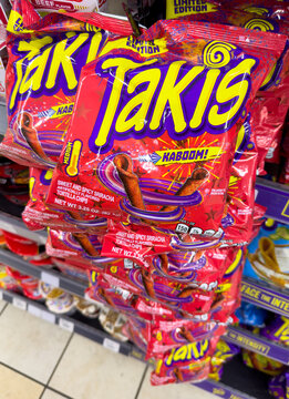 Bags of Takis spicy corn chips, Kaboom flavor.