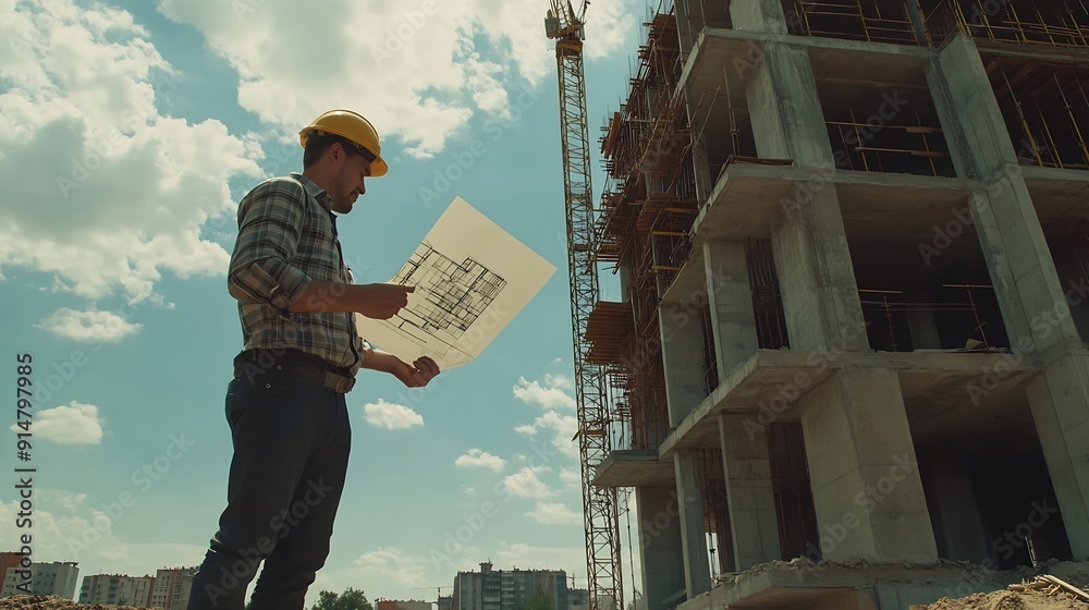Poster Architect man checking about the building plan and see how the construction progressive at the construction site : Generative AI