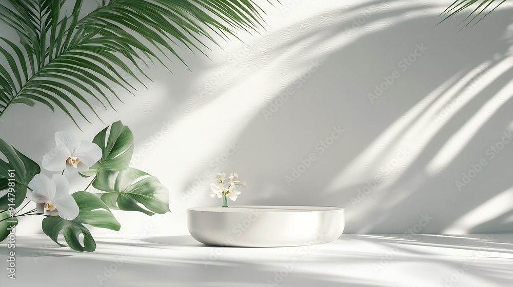 Poster White table and abstract geometric wall background with flowers and palm leaves shadows overlay Abstract gray studio background for product presentation 3d room with copy space Summer  : Generative AI