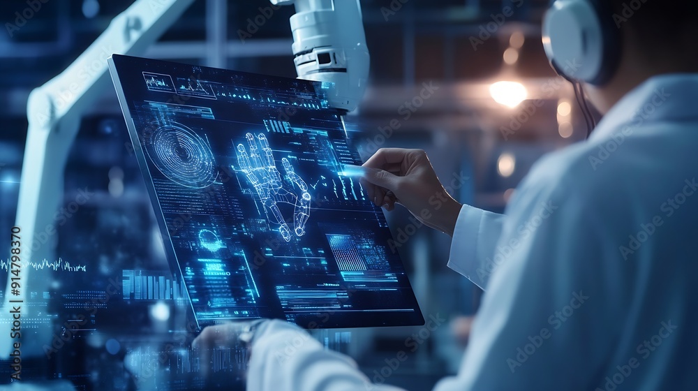 Aufkleber Industry 40 Engineer use monitoring system software and record data of ai robotics automatic arms machine working on network in intelligent factory Ai Machine learning Digital manufact : Generative AI