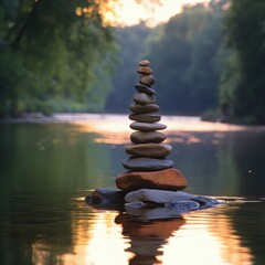 Obraz premium Serene Zen Stone Cairn on Calm River Reflecting Tranquility and Nature Connection